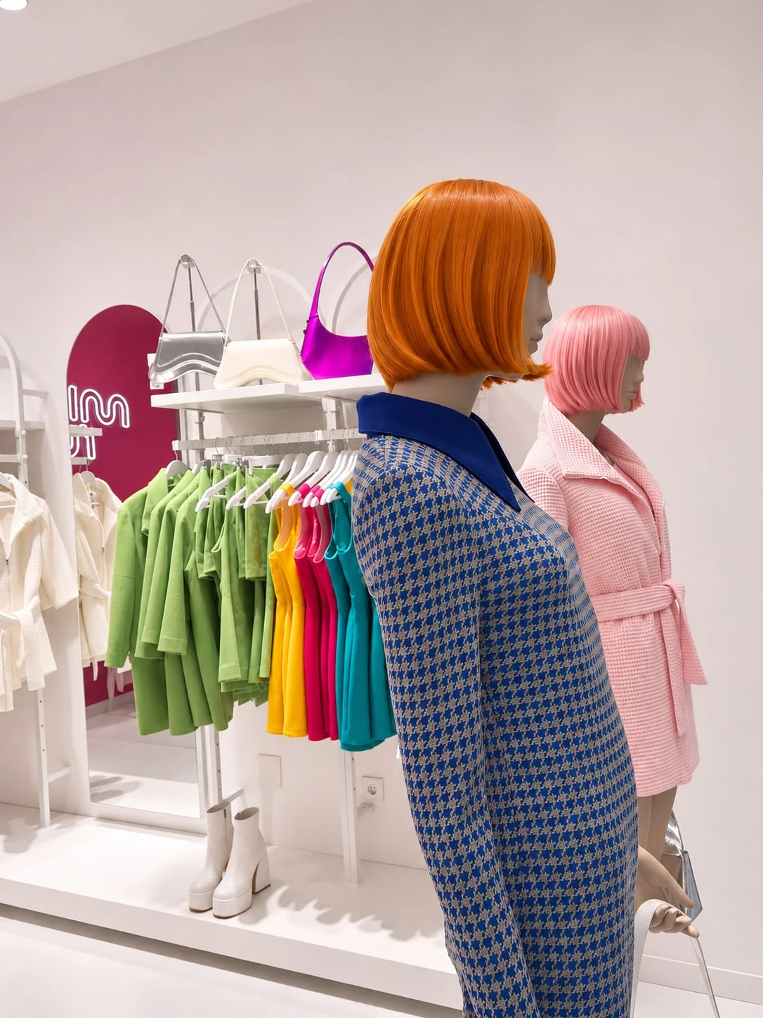 Deux mannequins aux perruques orange et rose près des portants colorés