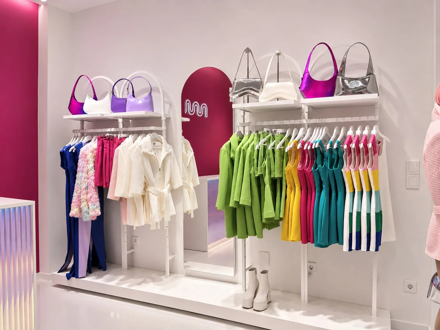 Les portants de la boutique avec les vêtements classés par couleur et des sacs sur les étagères
